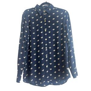 C. Wonder Silk Navy Blue Sheer Collar Button Down with Race Horse Novelty Print
